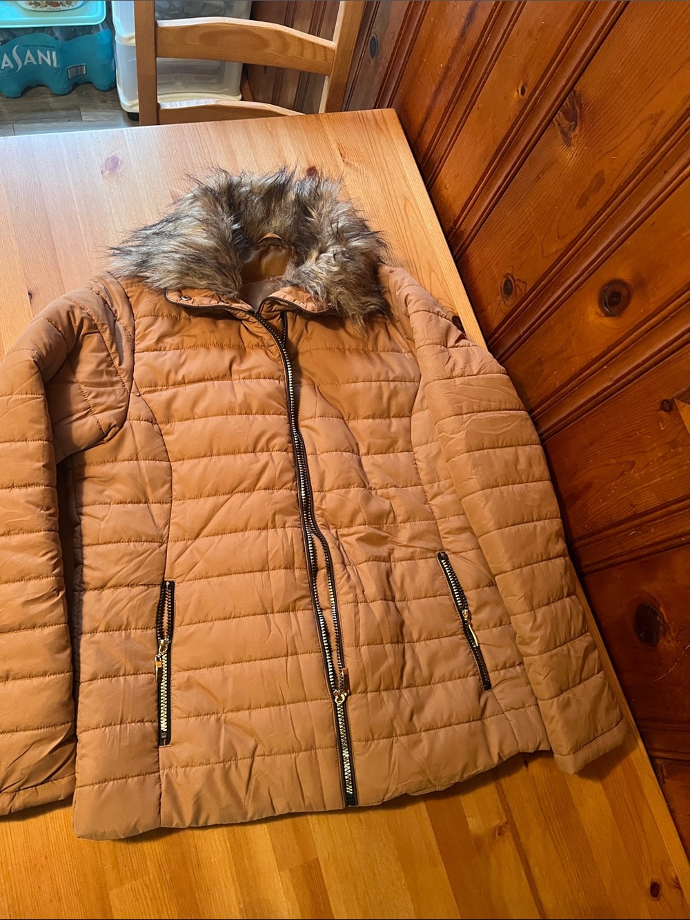 Women's Quilted Puffer Coat with Faux Fur Trim - Tan